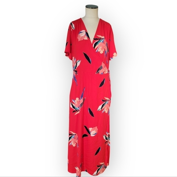 A New Day Long Red Tropical Wrap Dress Resort Wear Vacation Size XL - Picture 1 of 16
